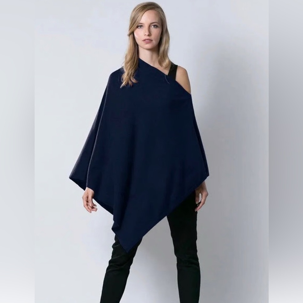 Captiva Cashmere Wrap Poncho 100% Cashmere Navy Blue Tipped in Ecru Grey OS - Picture 8 of 8